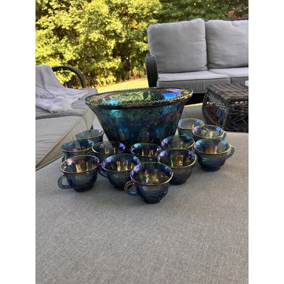 VINTAGE INDIANA GLASS IRIDESCENT BLUE HARVEST CARNIVAL GLASS PUNCH BOWL SET - Picture 10 of 11